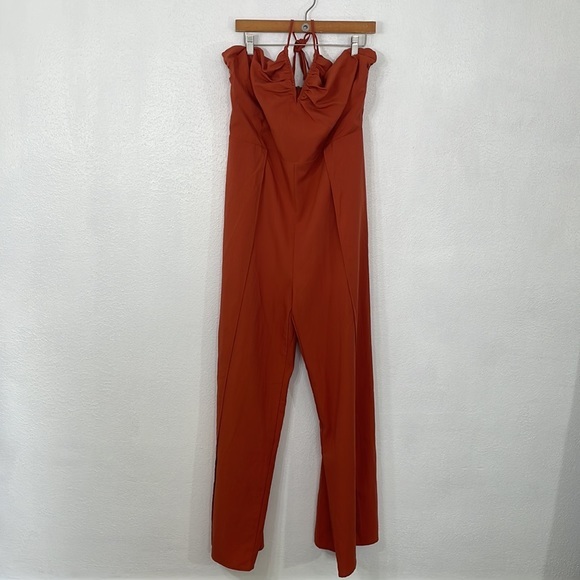 Find Me Plus 3XL rust jumpsuit, wide palazzo pant leg, halter v-neck top - Picture 5 of 14